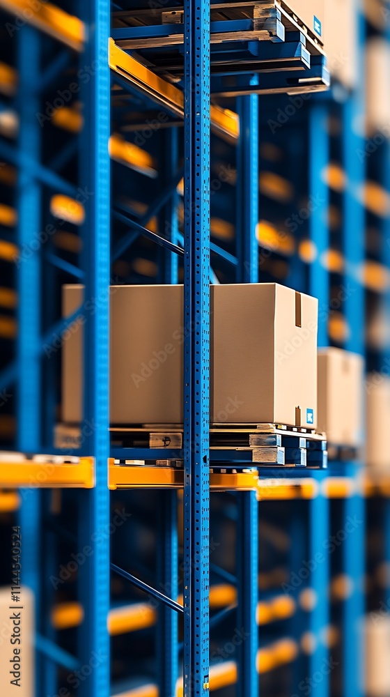 Poster warehouse storage pallets with cardboard boxes in industrial shelving unit : generative ai