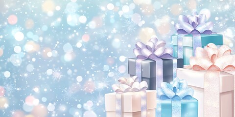 Whimsical Tower of Decorative Gift Boxes with Soft Bokeh and Snow Flurries : Generative AI