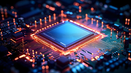 Fototapeta premium A central processor is highlighted by glowing circuit pathways, showcasing advanced technology