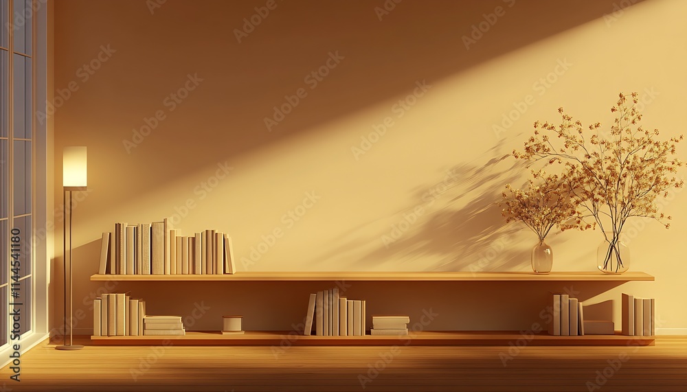Poster Sunlit Modern Bookshelf with Decorative Vases and Books Creating a Peaceful Ambiance : Generative AI