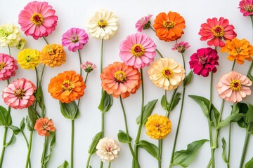colorful zinnias on a white background
