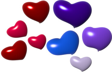 Multi-colored hearts on a transparent background, red, blue and lilac.Valentines.

