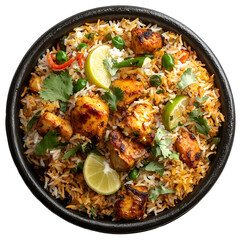Fototapeta premium Top view of an extremely perfect looking hyderabadi biryani in a dark clay dish isolated on a white transparent background