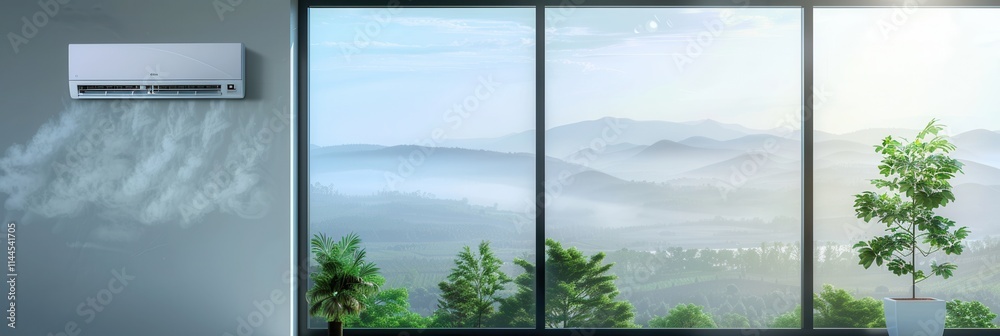 Aufkleber Air conditioner mounted on wall next to an open window with a mountain view at early morning hours. Generative AI