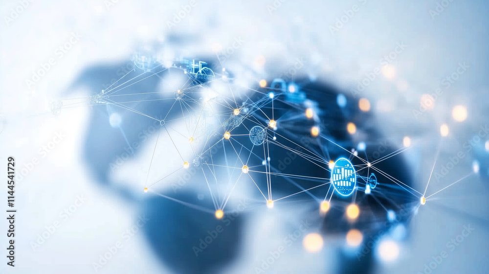 Poster global connectivity represented through a digital network extending across a map in a futuristic sty