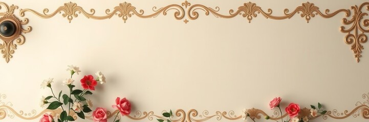 Fototapeta premium An elegant background featuring a wall decorated with artificial flowers in vintage style, style, beauty, retro
