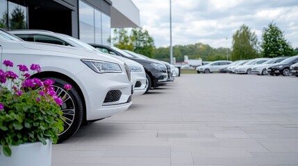 New cars parked at dealership showroom.