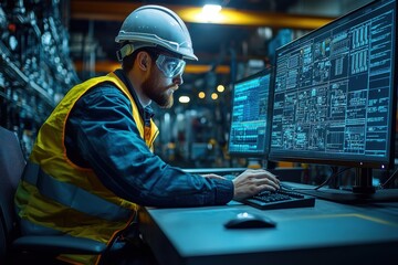 Fototapeta premium Engineer Using Computer Monitors in Industrial Control Room for Operations Management