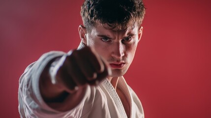 A martial artist in a defensive pose, focused and ready to counterattack during a sparring session.