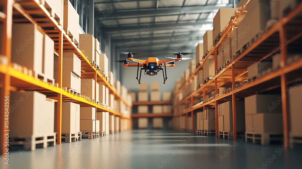 Fototapete warehouse drone in action amidst rows of stacked cardboard boxes : generative ai