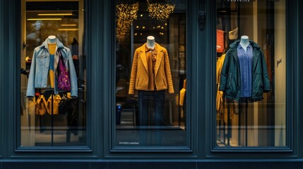 Fototapeta premium Stylish autumn/winter clothing displayed in a boutique storefront window.