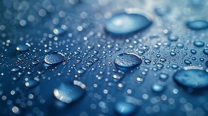 Macro capture of scattered water droplets showcasing their details over sleek surface with blue gradient