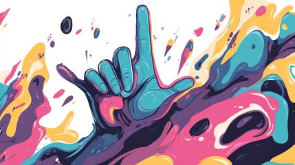 Fototapeta premium Colorful Abstract Composition Featuring a Stylized Hand Gesture Surrounded by Vibrant Swirls and Fluid Shapes Evoking Emotion and Creativity in Modern Art