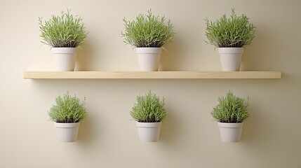 Fototapeta premium Vertical Wall Decor with Symmetrical Arrangement of Potted Plants on Shelves : Generative AI