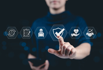 Work safety and compliance concept. A person with work safety and compliance icons, including a shield, hard hat, checklist, workplace safety, health protocols, and regulatory compliance. Safety First