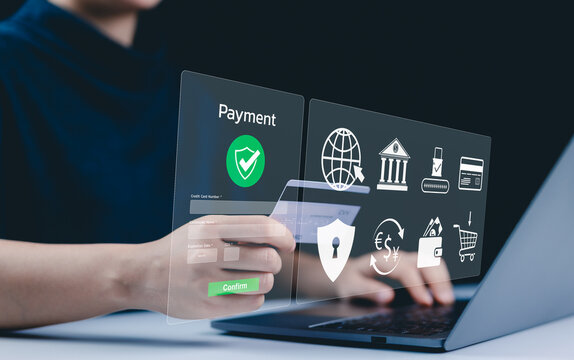 Secure Online Payment Transaction Process concept. A person confirming secure online payment using a credit card through a digital interface with a verification tick symbol. Internet banking, fintech,