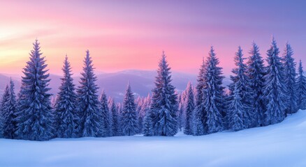 Fototapeta premium Serene Winter Landscape at Dusk with Majestic Pine Trees Covered in Snow Against a Colorful Sky of Pink and Purple Hues Over Rolling Mountains