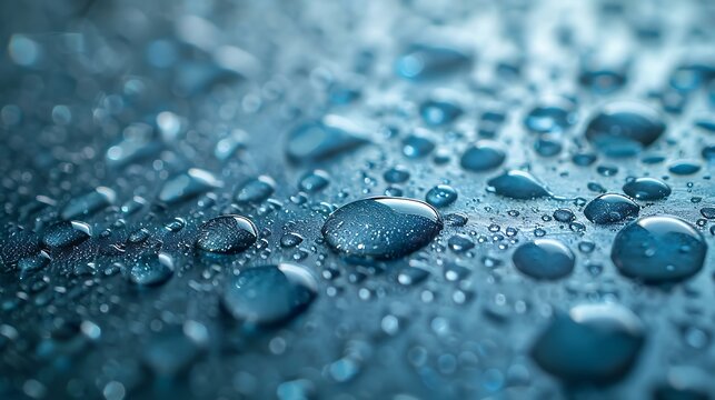 Magnified water droplets spread naturally on sleek reflective surface complemented by gentle blue tones