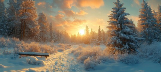 Serene Winter Landscape at Sunrise with Snow-Covered Trees and Soft Light Creating a Tranquil Atmosphere in a Frosty Forest Setting