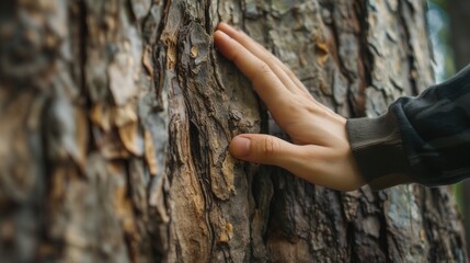 Person hand touching textured bark tree wood grounding ecological mindfulness