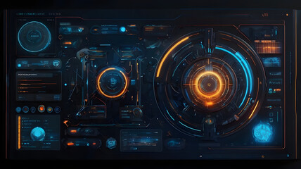 high-contrast interface with glowing holographic elements