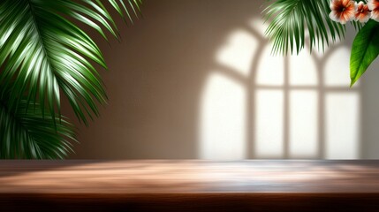 Fototapeta premium Wooden Table Tropical Leaves Window Light Beige Wall Product Display Mockup