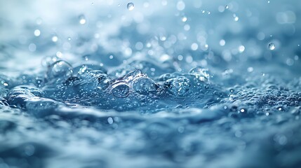 Crystal-clear water droplets in sharp focus on smooth texture with soothing light blue background