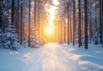 Serene Winter Landscape in Snowy Forest with Glowing Sunset and Snow-Covered Pathway, Invoking Tranquility and Natural Beauty of the Cold Season