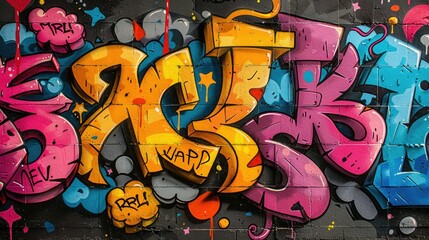 Vibrant graffiti art featuring colorful letters and abstract shapes on a brick wall.
