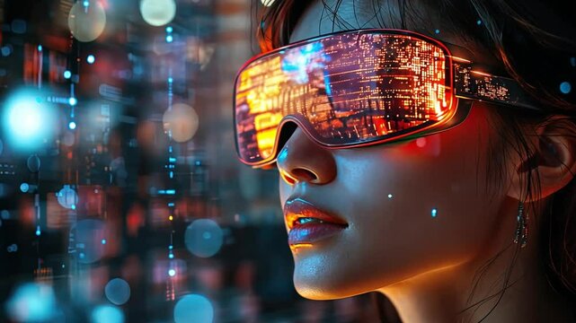 Visionary in the Digital Age: A woman wearing futuristic goggles, her face illuminated by a digital cityscape, embodies the potential and wonder of virtual reality.