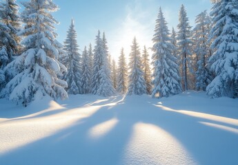 Serene Winter Landscape with Snow-Covered Pine Trees Glowing in Soft Light and Casting Gentle Shadows on the Fresh Powder Snow in a Calm Frozen Forest