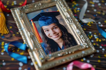 Graduation celebration with framed portrait of a student surrounded by confetti and school themed items. Generative AI