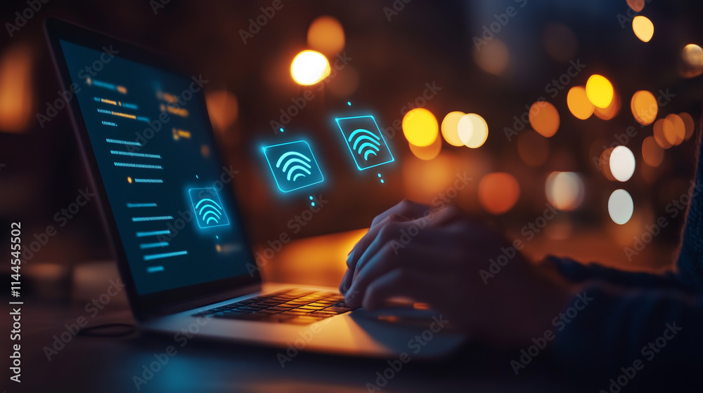Poster user interacting with a laptop displaying network connection icons in a dimly lit environment