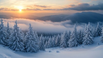Serene Winter Landscape with Snow-Covered Trees and Majestic Mountains at Sunset, Capturing the Beauty of Nature's Winter Wonderland