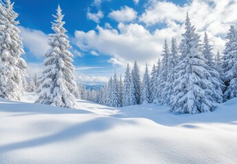 Serene Winter Landscape with Snow-Covered Trees under a Bright Blue Sky in a Tranquil Mountain Setting, Perfect for Nature and Seasonal Themes