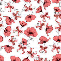 Fototapeta premium seamless pattern with poppy flowers with ribbon bow
