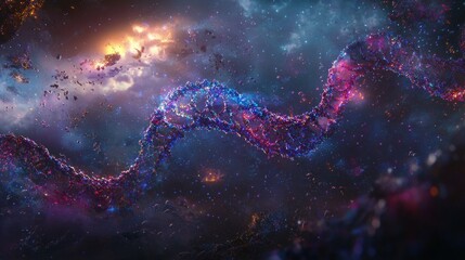 Cosmic landscape with a swirling, colorful nebula.