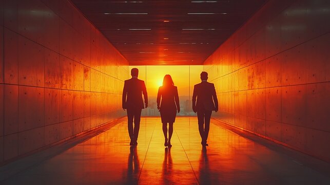 Determined Business Team Strategizing Through Illuminated Office Corridor - Powered by Adobe