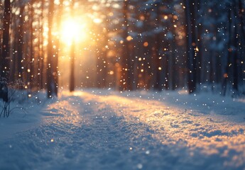 Serene Winter Landscape with Sunlight Filtering Through Snow-Covered Trees and Gentle Snowflakes Dancing in the Air in Tranquil Forest Setting
