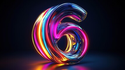 Abstract 3D Number Six with vibrant, multicolored, neon glowing, liquid, flowing, dynamic, vibrant, glossy, reflective, futuristic, and colorful design.