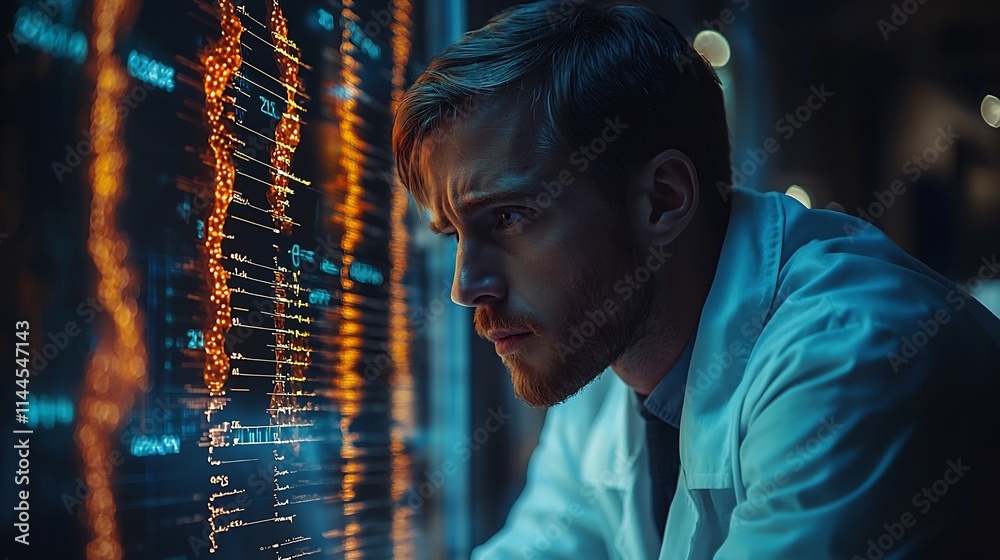 Aufkleber lab technician using to analyze genetic mutations with multi layered data display for precision medi
