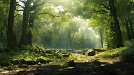 Obraz premium A quiet forest glade with soft natural light, space on the left for content,generative ai illustration