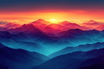 Obraz premium Abstract mountain landscape with sunset in vibrant red and blue hues