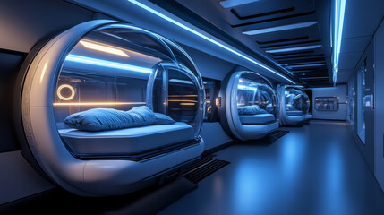 Cryogenic capsules from futuristic science laboratory or spaceship. Future space technologies concept with hibernation pods isolated on white background, vector cartoon set