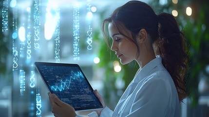 Geneticist Analyzing Animal DNA with High Tech Tablet in Lab Environment