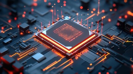 Abstract representation of a quantum chip, surrounded by floating digital codes in a dark space