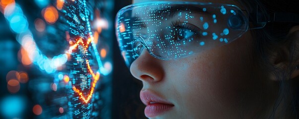 Young Researcher Observing DNA Model Through Augmented Reality Headset in Interactive Genetic Research Concept