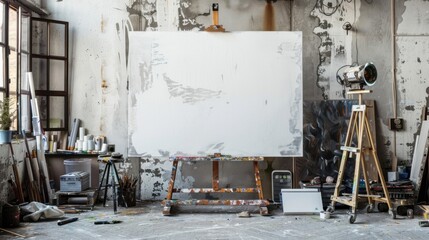 Obraz premium A messy artist's studio, canvas waits. Paint, brushes, and tools scattered.