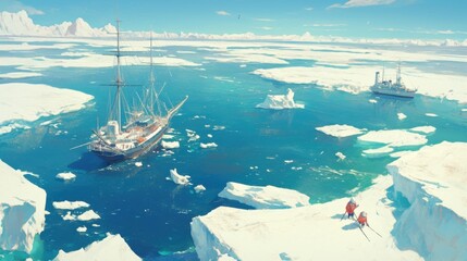 Obraz premium Arctic adventure: Two explorers traverse icy landscape, sailing ships in the distance.