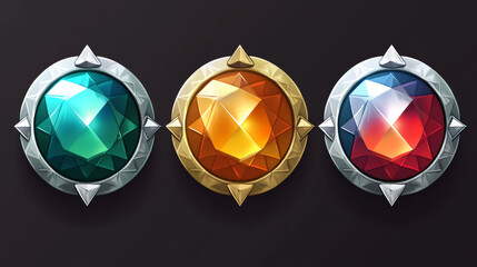 Game rank gem badge ui award achievement in vector. Cartoon level medal illustration. Isolated 3d fantasy medieval jewelry amulet with wings to show progress and win rating in bronze, silver and gold.